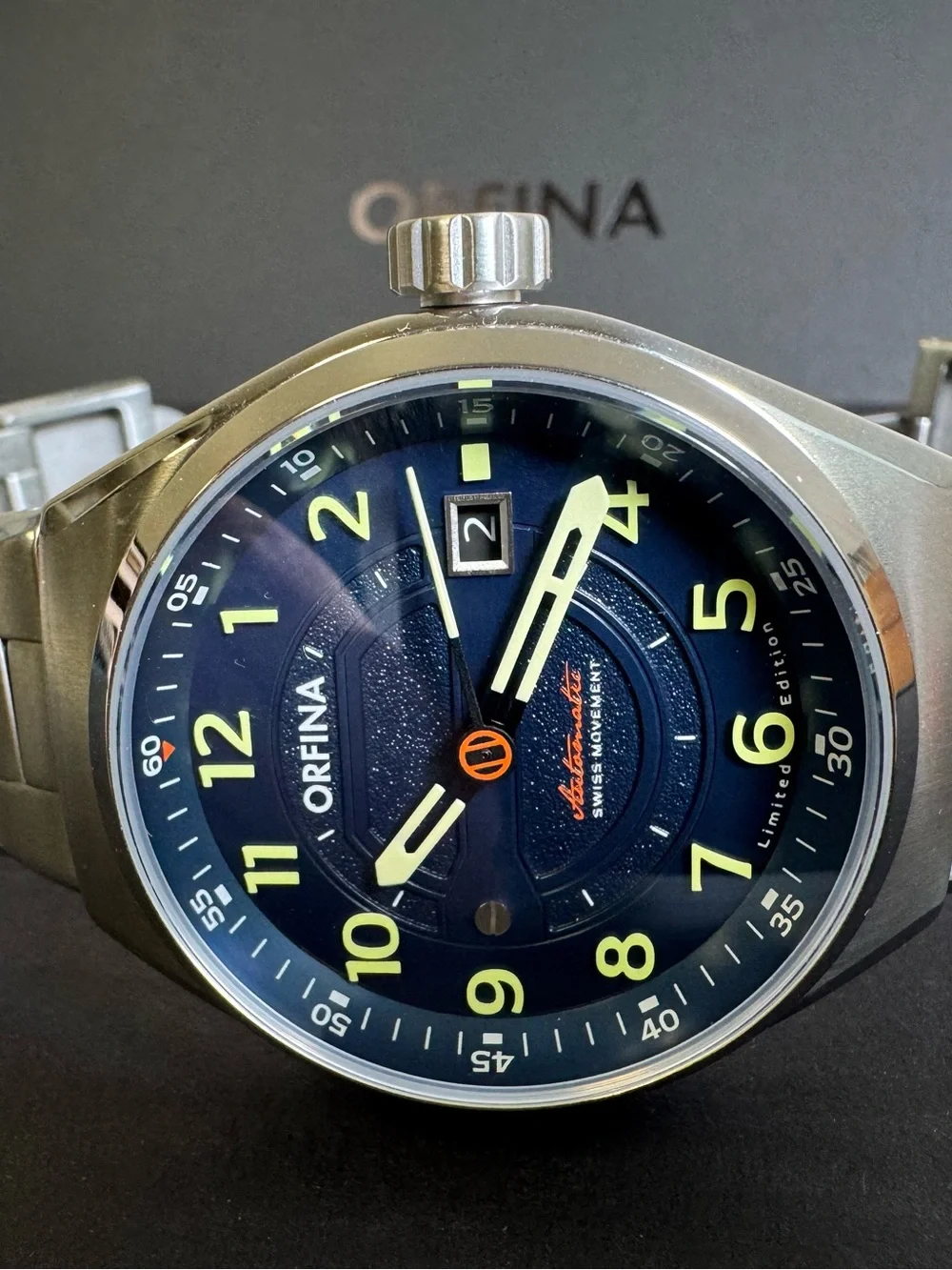 orfina founders edition automatic date stainless steel 42 mm wristwatch